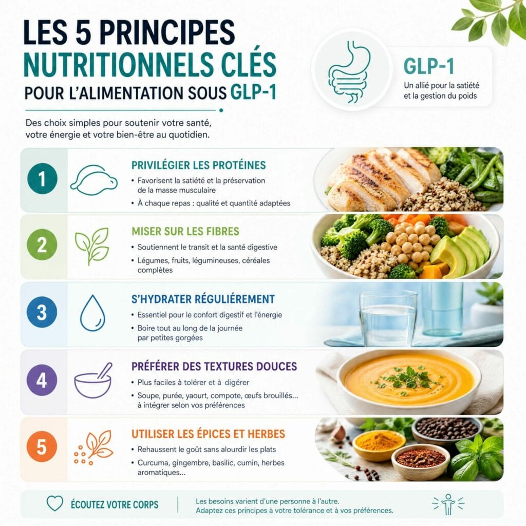 Les 5 principes nutritionnels clés pour bien manger sous GLP-1 : densité nutritionnelle, protéines, hydratation, textures douces et épices