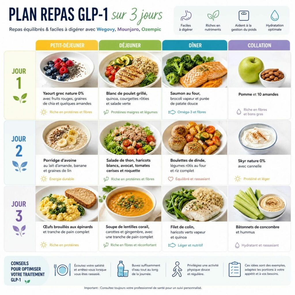 Plan repas GLP-1 sur 3 jours : petit-déjeuner, déjeuner et dîner adaptés aux personnes sous Ozempic ou Wegovy